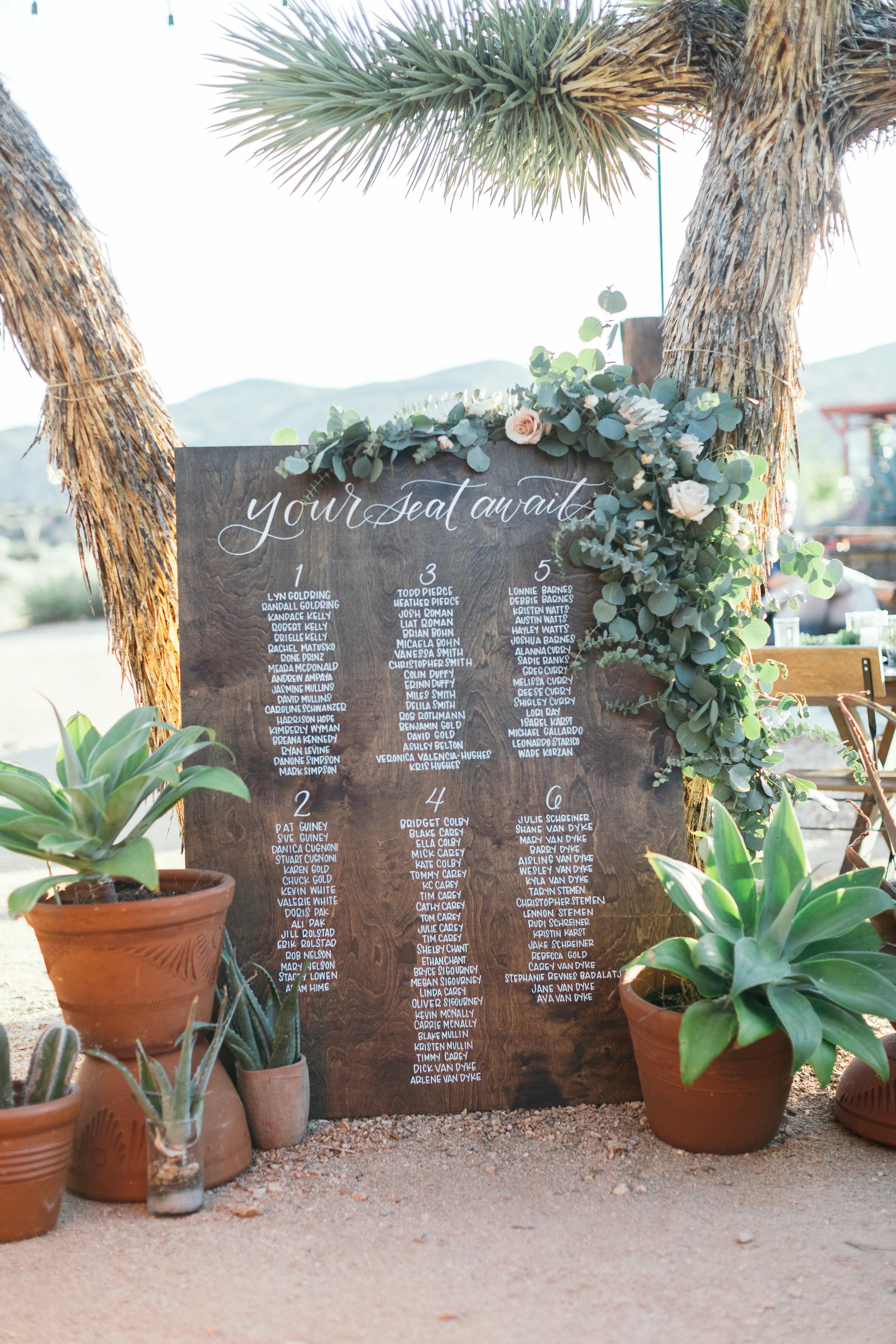 Bohemian Wedding, Calligraphy Nerd Reception Seating Chart on Wood, Rimrock Ranch Desert Wedding Venue, Pioneertown, California, Art & Soul Events, Kiel Rucker Photography