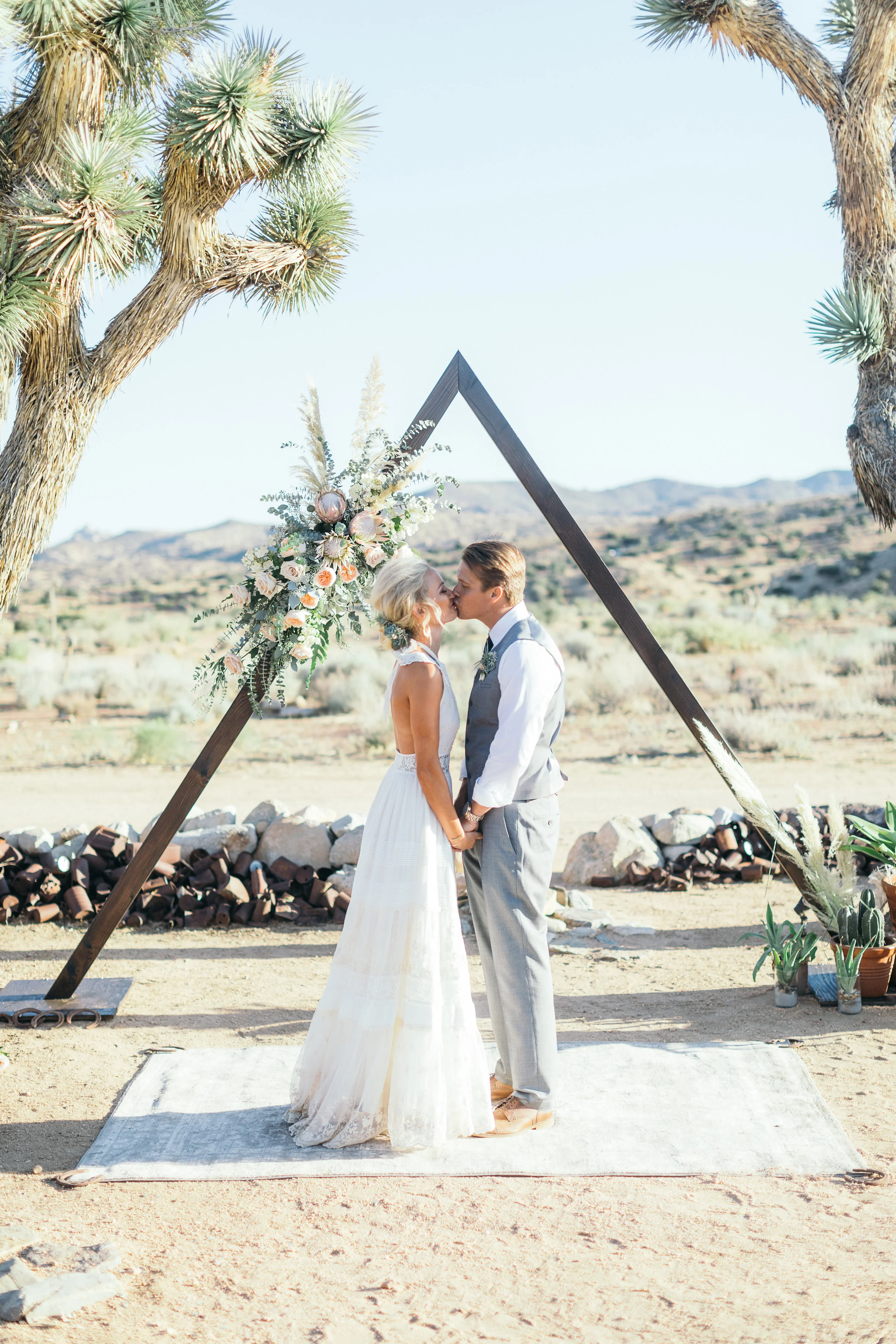 Bohemian Wedding, Triangle Ceremony Arch, Spell & The Gypsy Halter Dress, King Protea, Rimrock Ranch Desert Wedding Venue, Pioneertown, California, Art & Soul Events, Kiel Rucker Photography