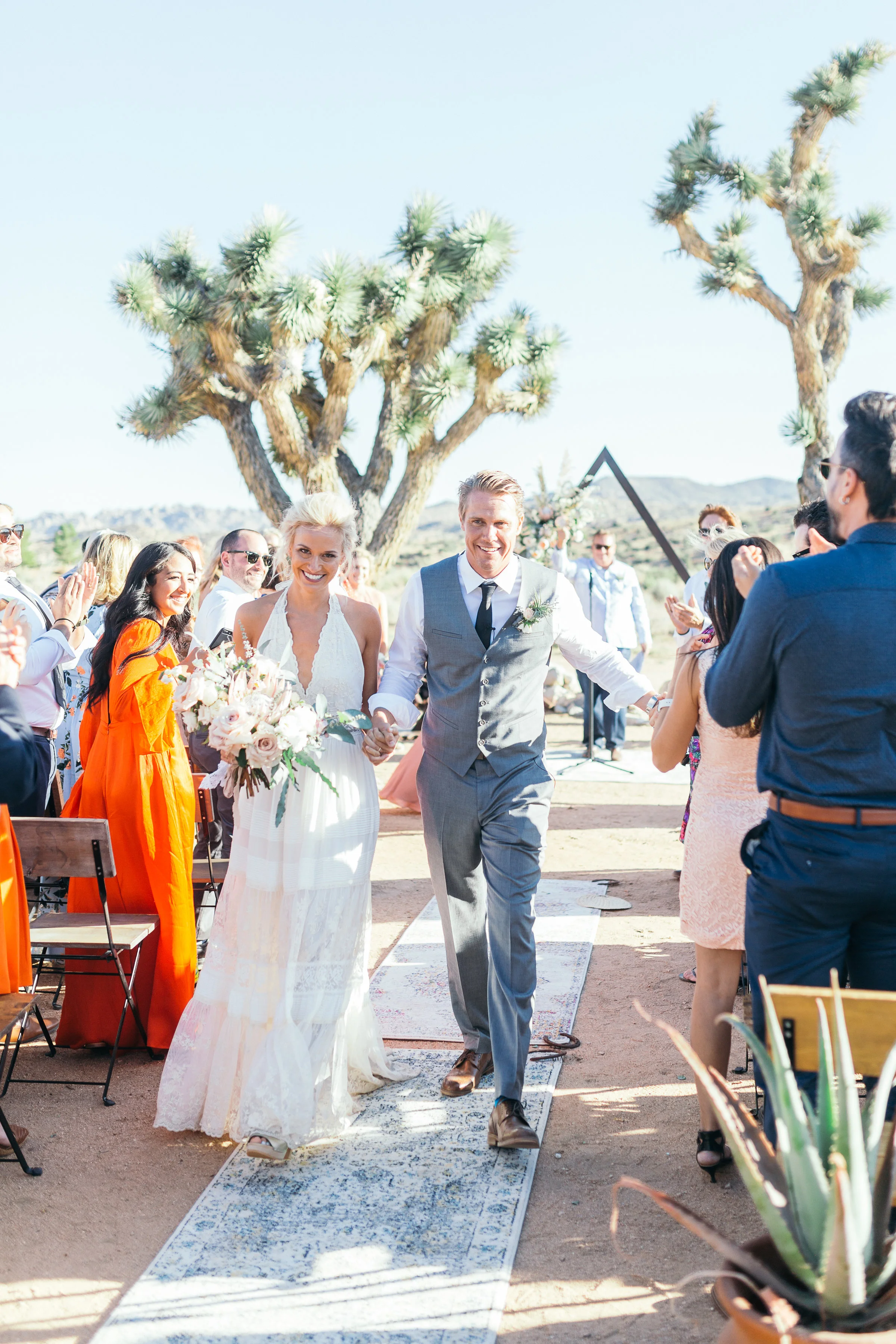 Bohemian Wedding, Triangle Ceremony Arch, Spell & The Gypsy Boho Bride Halter Dress, Rimrock Ranch Desert Wedding Venue, Pioneertown, California, Art & Soul Events, Kiel Rucker Photography