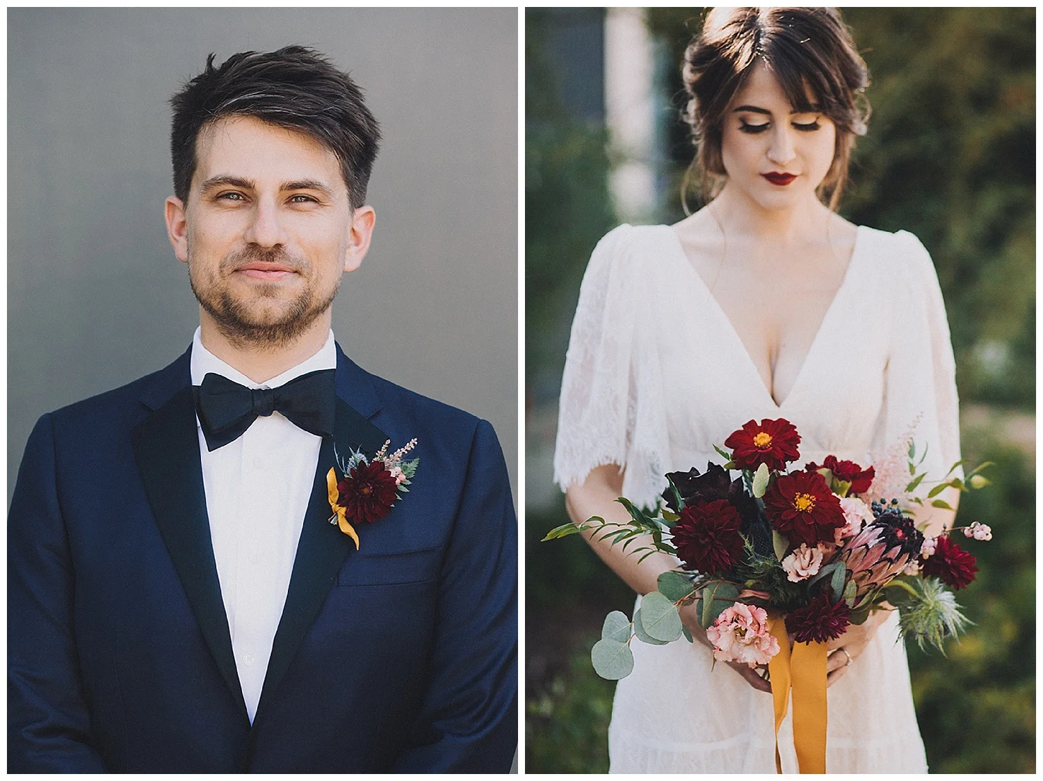 Blue Tux, Crimson Bouquet, Dark Wedding Makeup, at The Ruby Street Los Angeles Wedding Venue, Art & Soul Events, Mandee Johnson Photography
