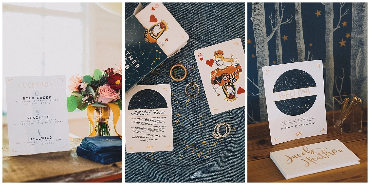 Celestial Wedding Welcome Sign, cocktail sign, and custom Playing card favors, Ruby Street, Art & Soul Events, Mandee Johnson Photography