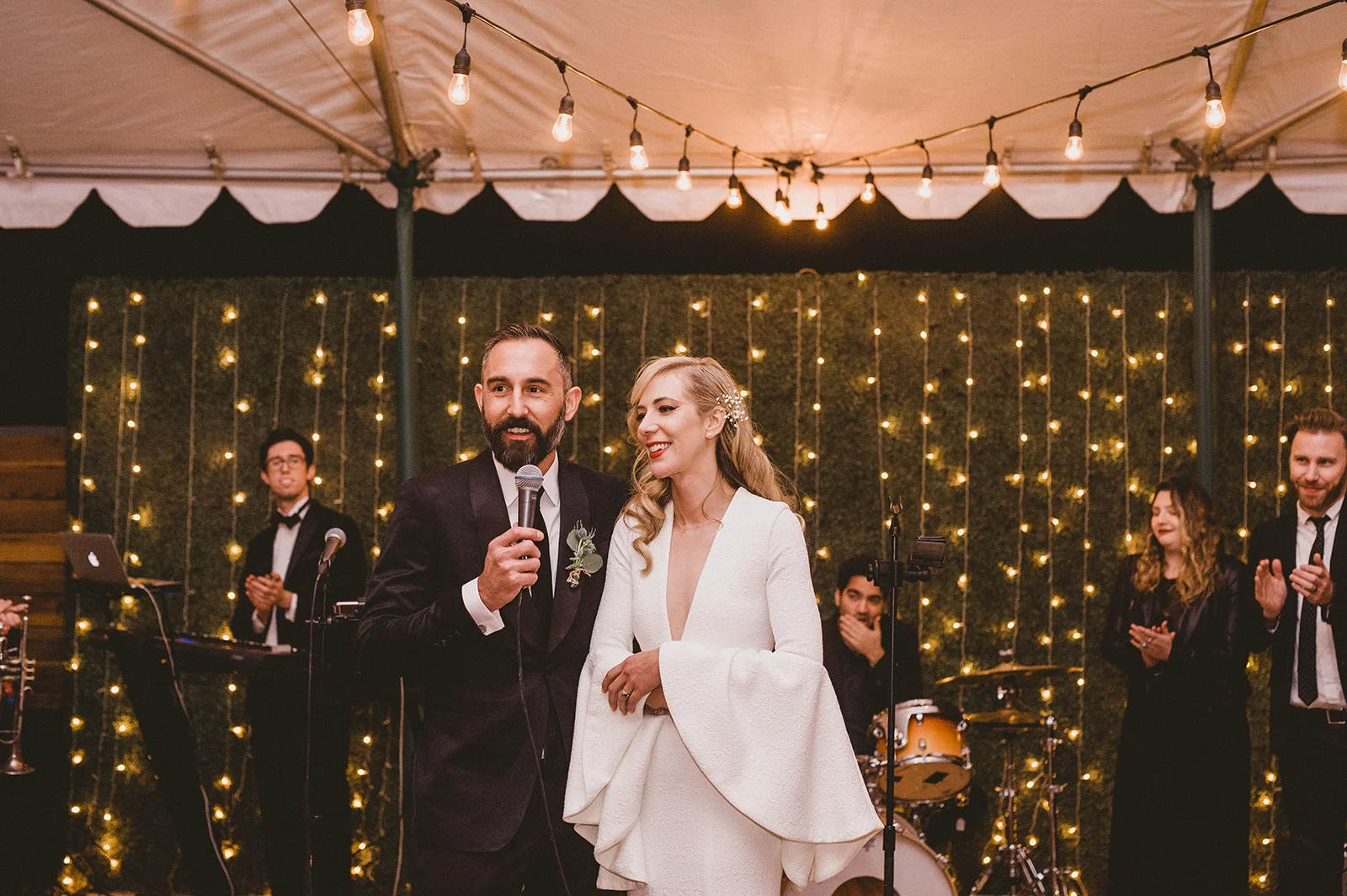 The Shrines Band, Dart Collective performing at The Lautner Compound in palm Desert, Bride and groom Thank you Toast, Bell Sleeve Wedding Dress, Art & Soul Events
