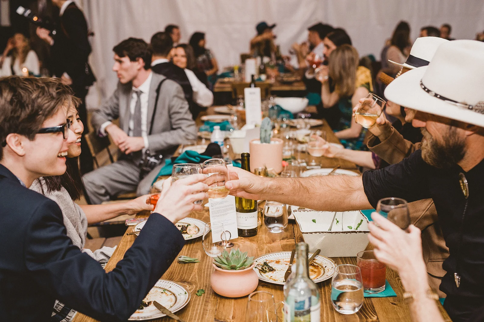 Wedding Toast and Tablescape shot, Potted Cactus on a Planks & Patina Table