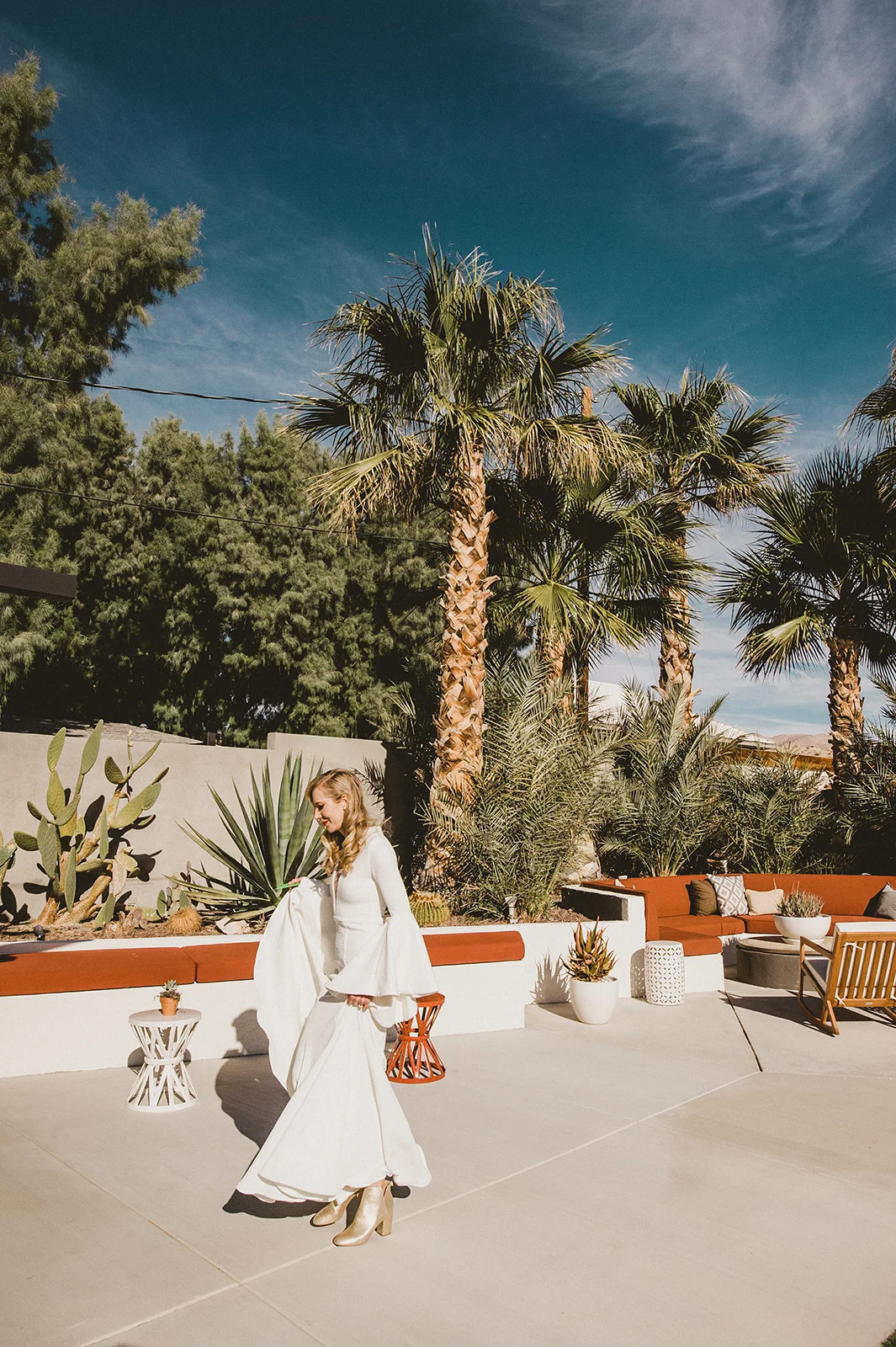 Beautiful blonde bride with old hollywood glam 1930's waves, Suzanne Harward The Bell Sleeve Wedding Dress, Gold Wedding Boots, The Lautner Compound Wedding Portraits