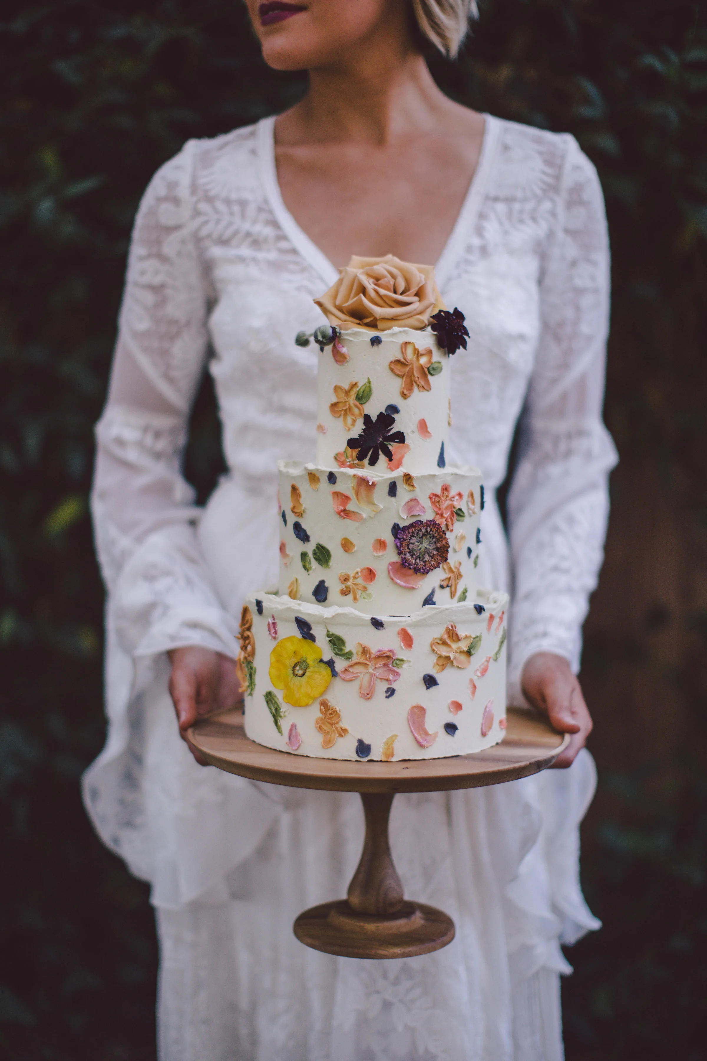 pressed dried flower bohemian wedding cake