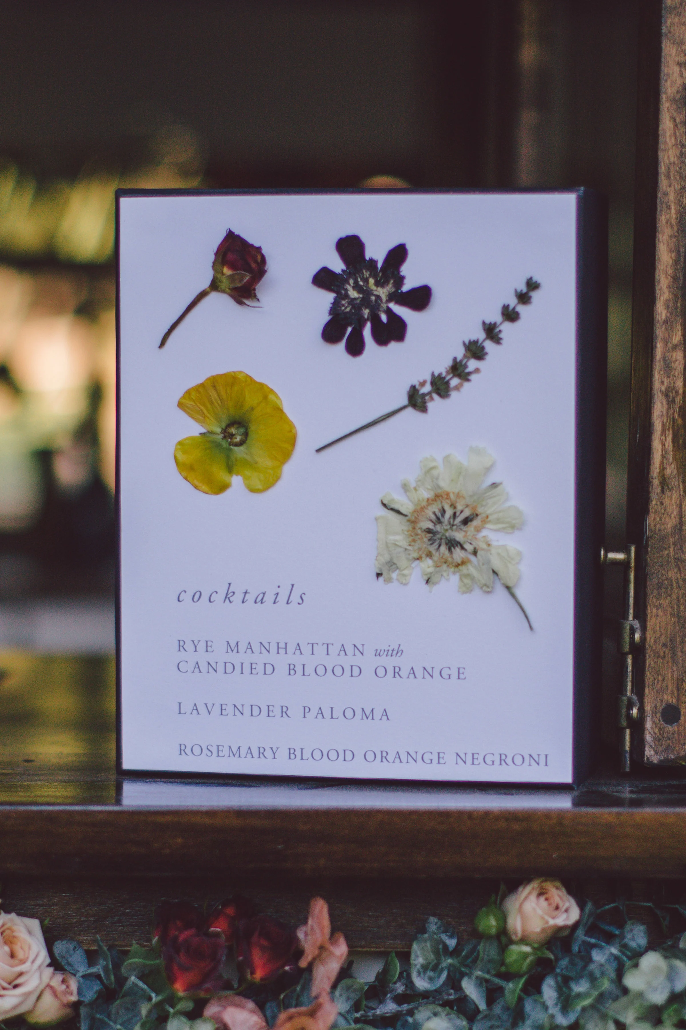 Pressed flowers wedding cocktail bar menu