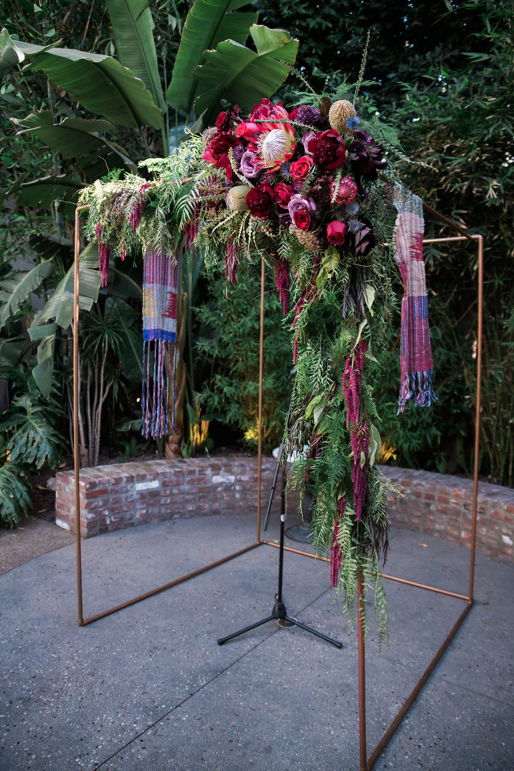 Colorful Pink and Purple Chuppah Flowers, Industrial, Eclectic, Bohemian, Festival, Foodie Millwick Wedding, Downtown Los Angeles