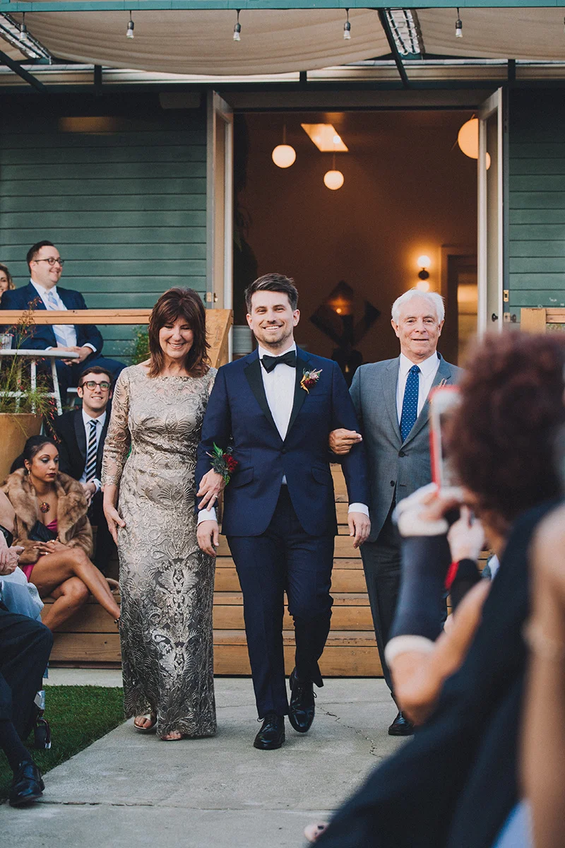 Groom’s Processional at The Ruby Street venue, in Los Angeles, California, Photographer: Mandee Johnson