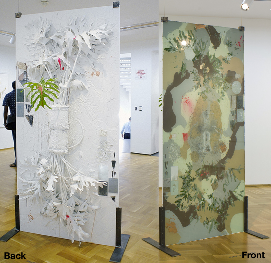  Pressed Plant (Hanging Gardens), 2012, Banana palm, latex paint, spray paint, glass, resin, mirror, glass, bone, porcelain, 92 x 45 inches&nbsp; 