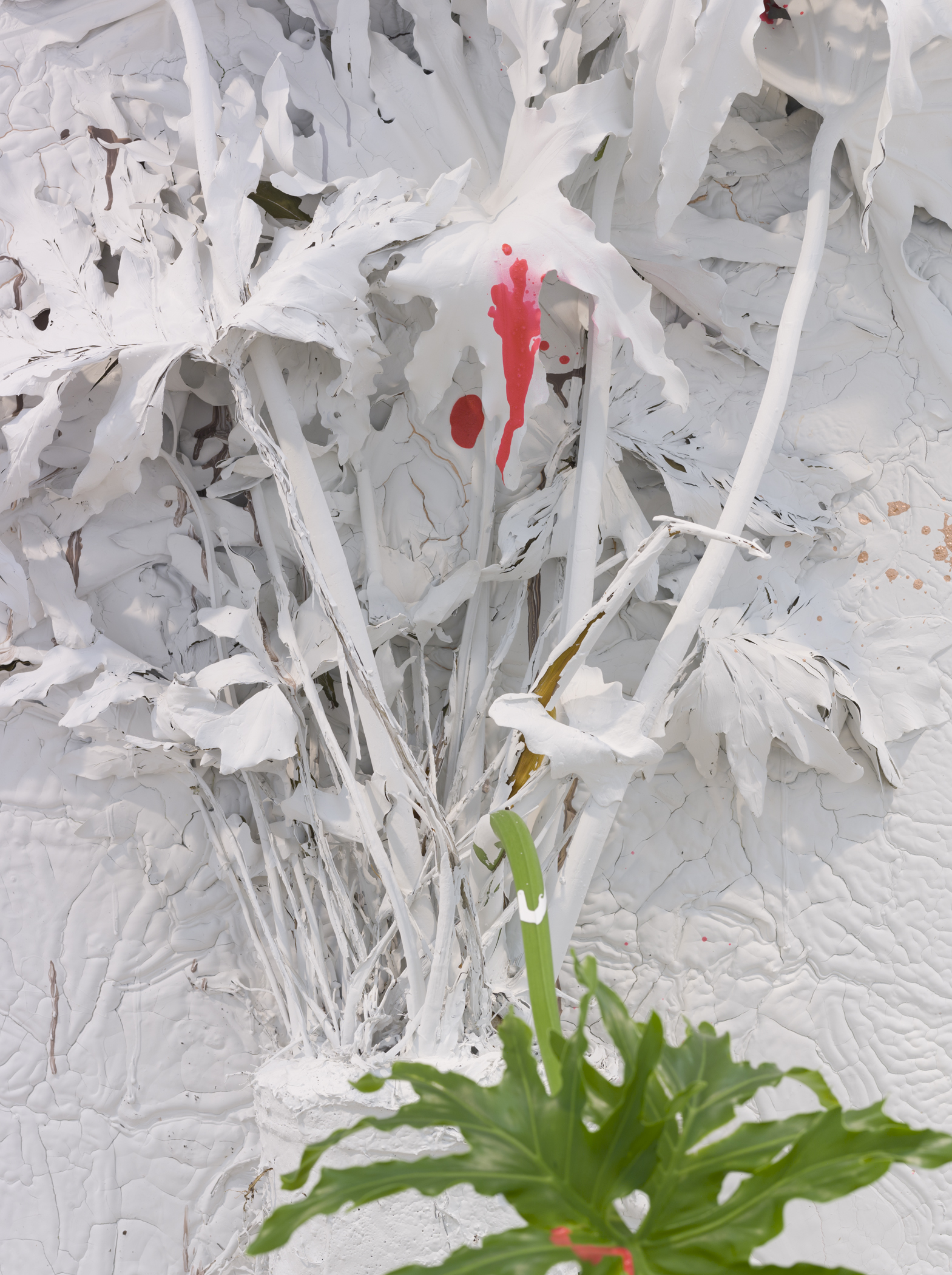 Detail, Pressed Plant (Hanging Gardens), 2012, Banana palm, latex paint, spray paint, glass, resin, mirror, glass, bone, porcelain, 92 x 45 inches 