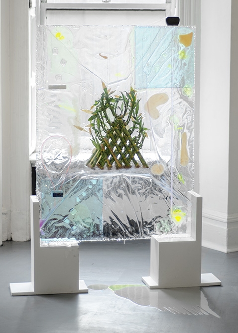 The Ultimate Preservation, Cryogenics and the Lucky Bamboo, 2015 Annealed glass, resin, di-electric glass, bamboo, acrylic, vinyl, slag glass, rubber glass 36" x 48"
