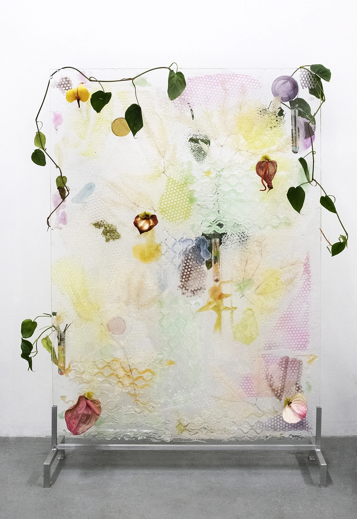 Spadix Inflorescence Wet Plate, 2018 Acrylic, resin, anthuriums, philodendron, gel fertilization balls, dichroic glass, glass, moss, aluminum stand 36 x 52"