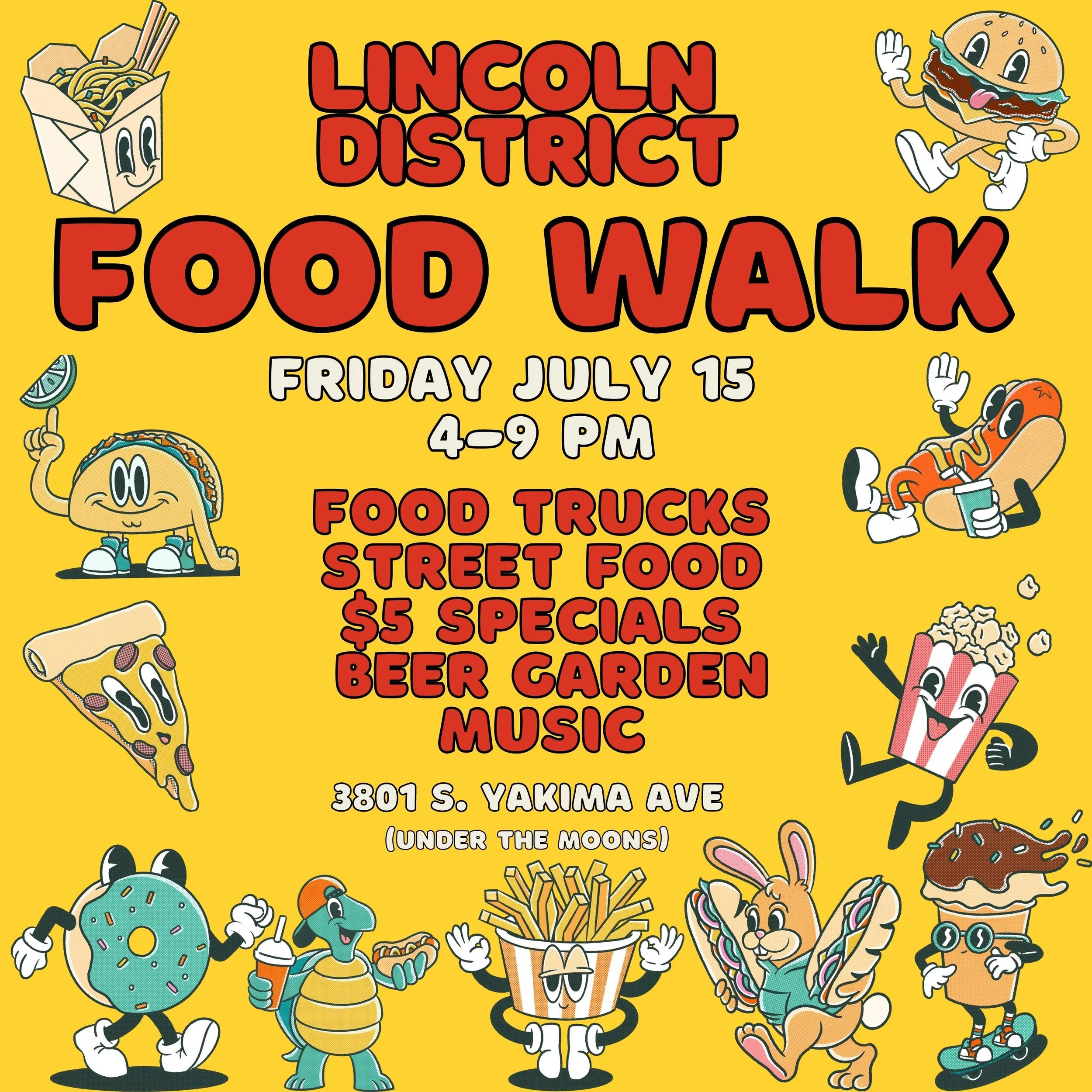 Bright yellow square with the words "lincoln district food walk" and event info on it. Cartoon images of food are displayed around the words.