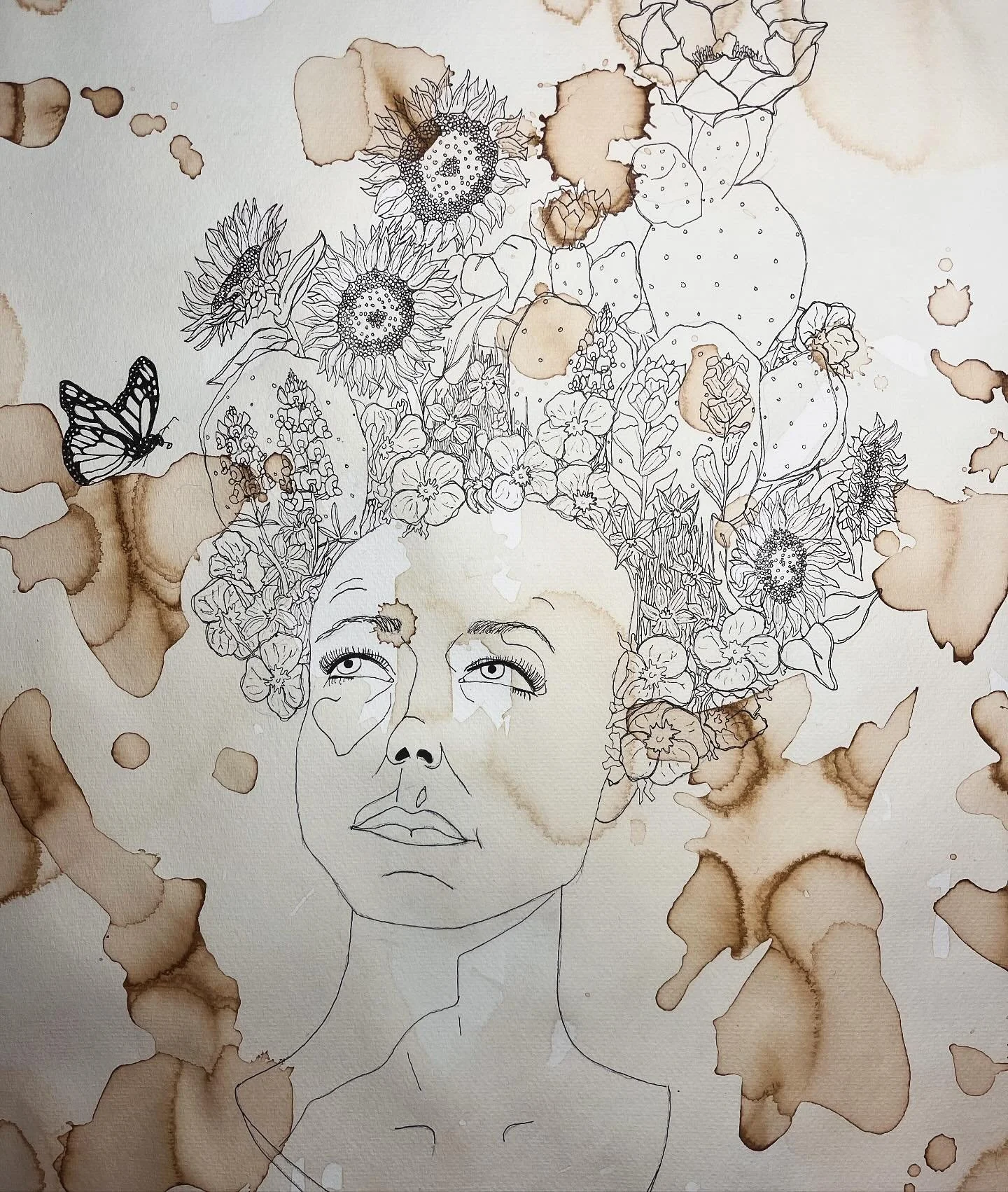 She is fully inked!! This is my first time using a coffee background and I&rsquo;m loving it so far. Also my first time keeping up such a rigorous art schedule. I&rsquo;m on day 19 and my goal is 75 days 💪 🎨 wish me luck!