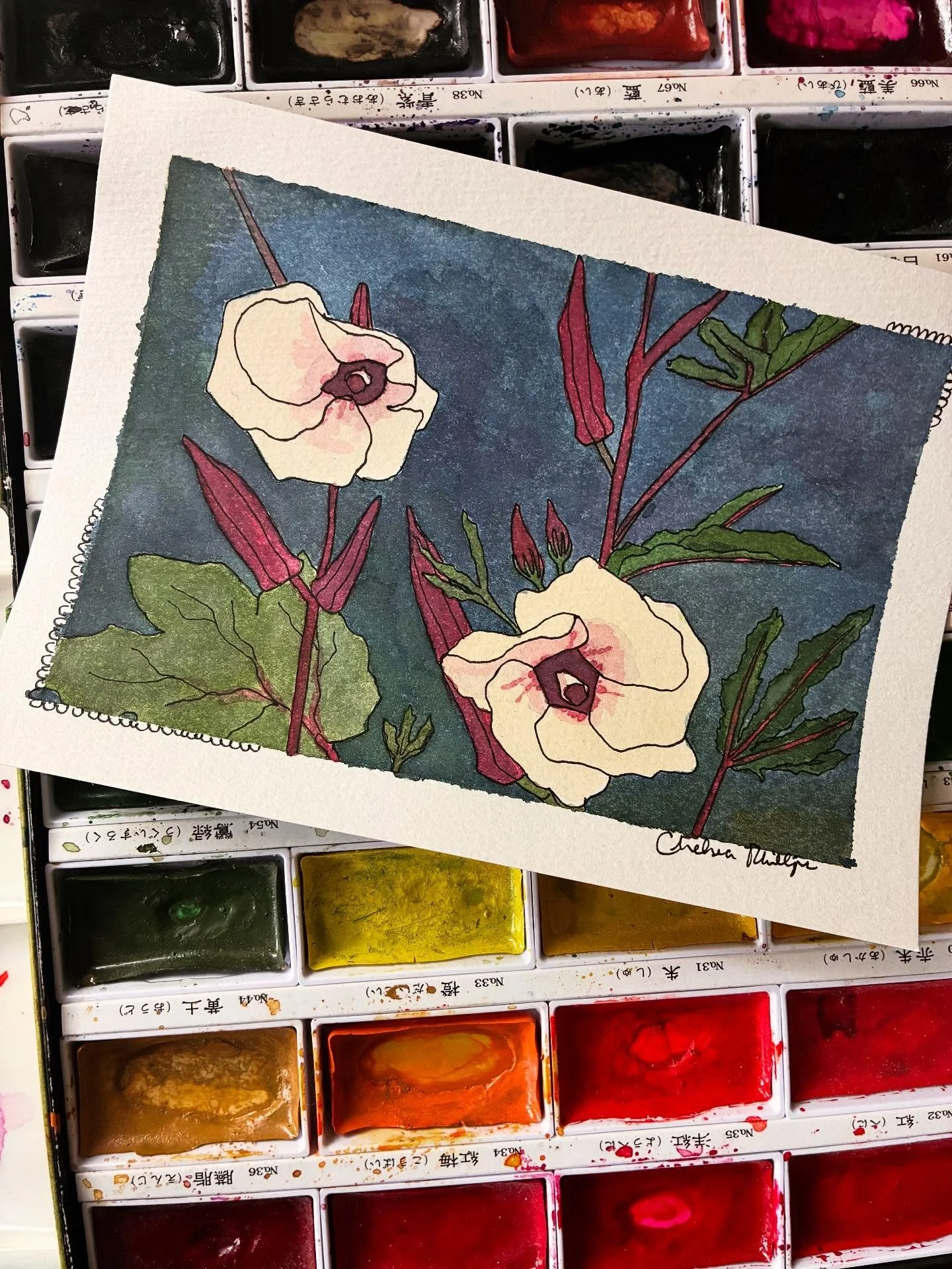 More okra flowers!! And all 9 of my okra plants are now giving flowers and okra. You will find me under an okra mountain 🏔️ 

#okraflower #watercolorart #austinartist #atxart