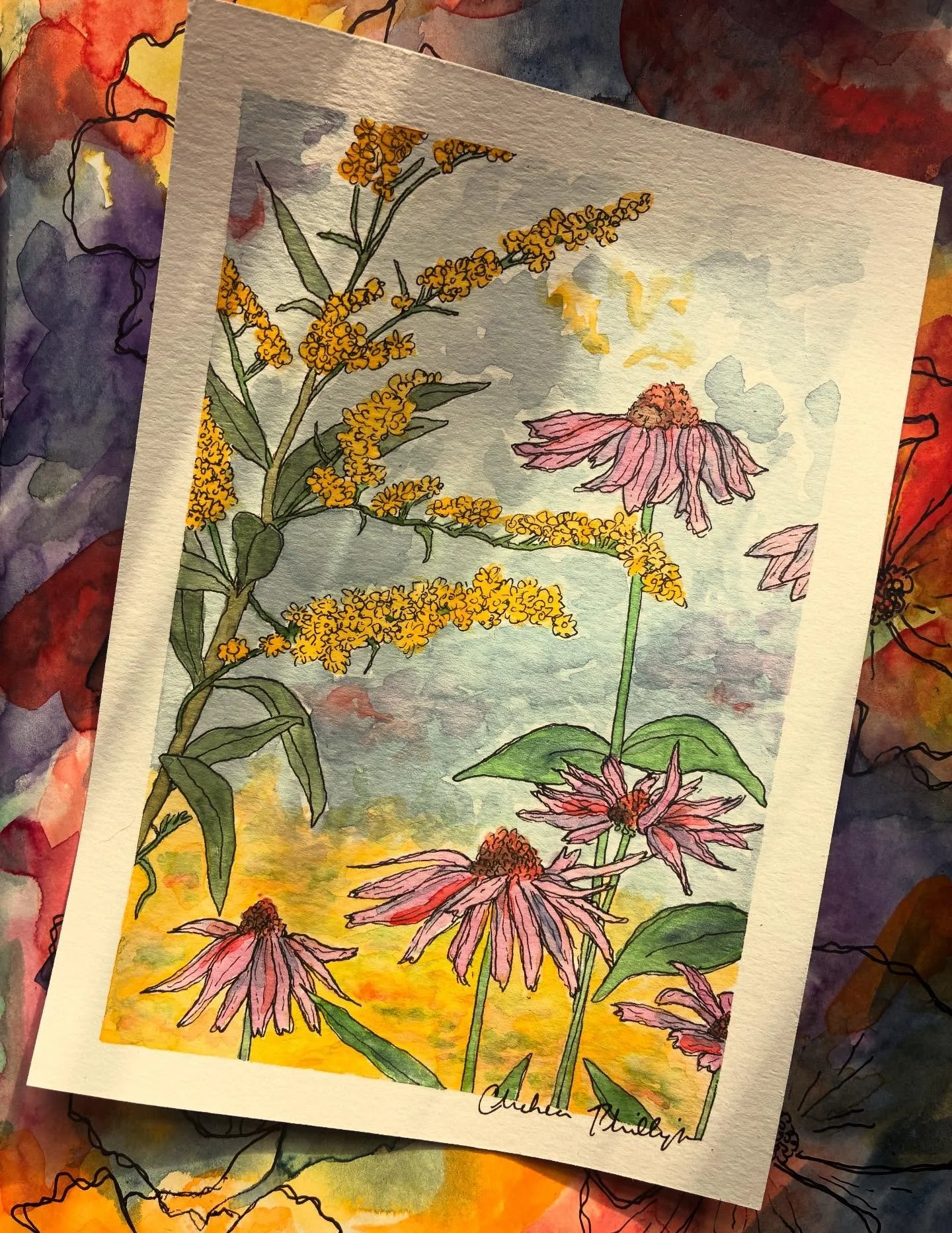 Goldenrod and purple coneflower and enjoying the last two days of warm weather before we get a crazy polar blast 🥶

#austinartists #wildflowerpainting #watercolorflowers