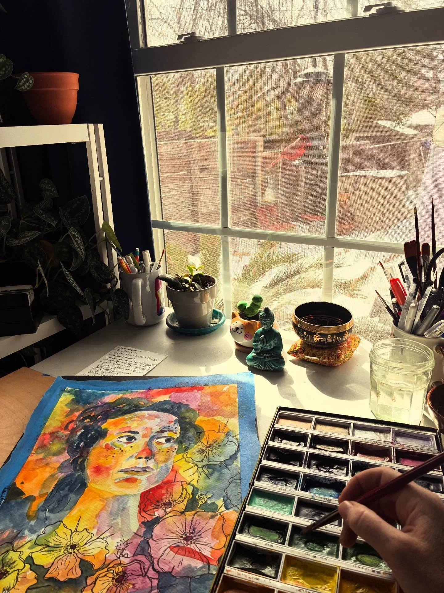 Painting today in front of a Texas snow and a very active bird feeder ❄️ ❤️

#atxart #watercolorportrait #austinartist