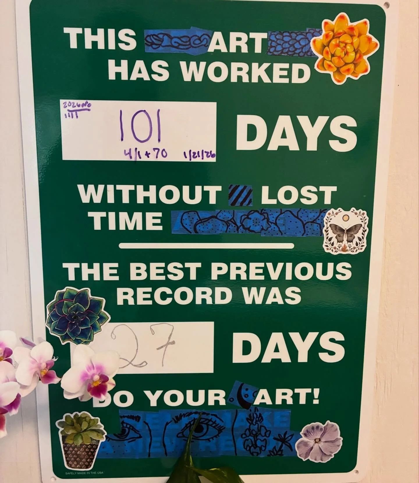 About six months ago I was in a rut with my art and looking for some inspiration. Joe gave me this safety sign and taped over parts of it so it spoke about art instead. I wasn&rsquo;t sure it would make a difference but then I kept seeing it and noti