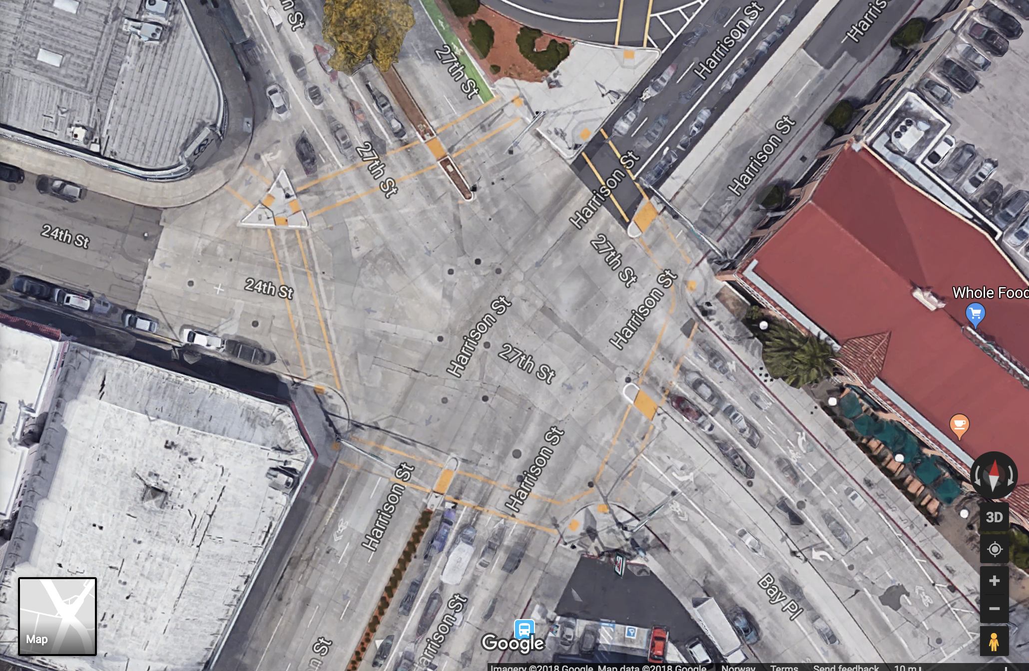 Harrison St at 27th/Bay St is a monstrosity. The Whole Foods on the right used to be the power house for the cable cars at the turn of the last century, so the wide intersection is unsurprising.
