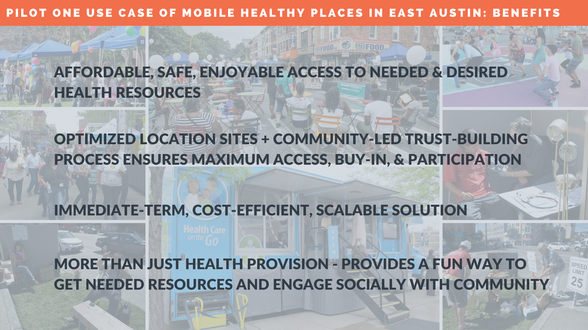  This data-driven, community-led approach gives East Austin residents affordable, safe, and enjoyable access to healthy living, which serves to connect them, in a near-term, optimized, and feasible way, that engenders: Wellness, Happiness, Dignity, H
