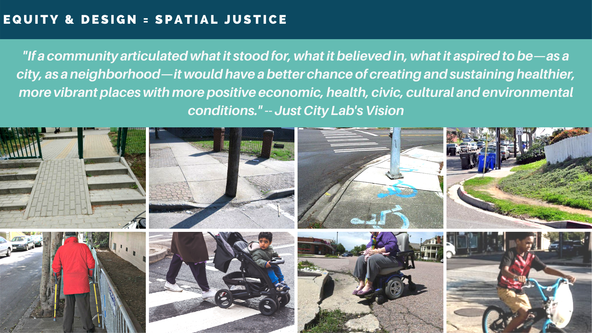 As to the design features that directly impact equity.  Many urban design features disproportionately impact vulnerable populations, including the presence, and condition, of sidewalks, and curbcuts,; sidewalk barriers; midblock crossings; street le