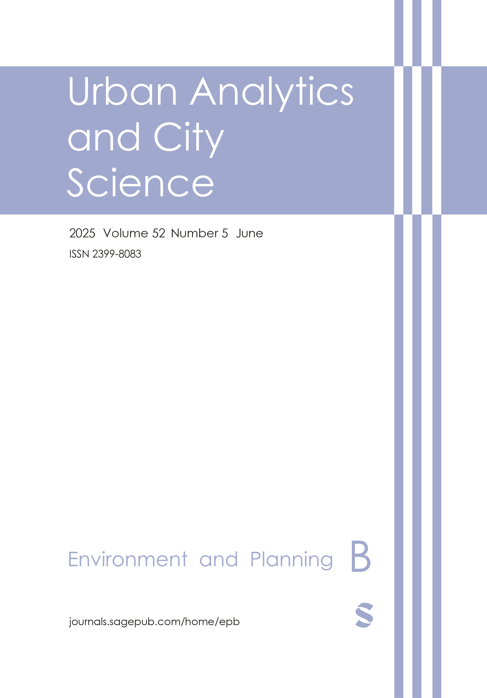 Cover page of an academic journal titled 'Urban Analytics and City Science,' Volume 52, Issue 5, June 2025, ISSN 2399-8083, with a light blue and white color scheme and vertical lines design.