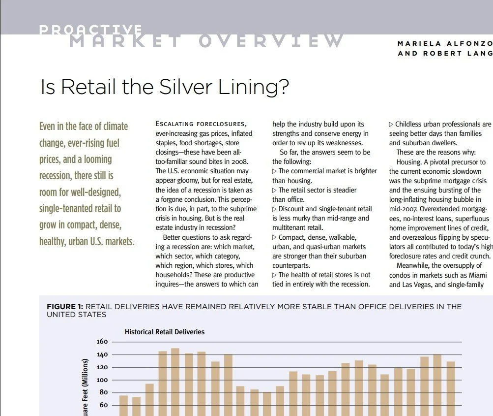 A magazine article titled "Is Retail the Silver Lining?" discussing the retail sector's resilience amid economic challenges, featuring a graph showing historical retail delivery data in the U.S.