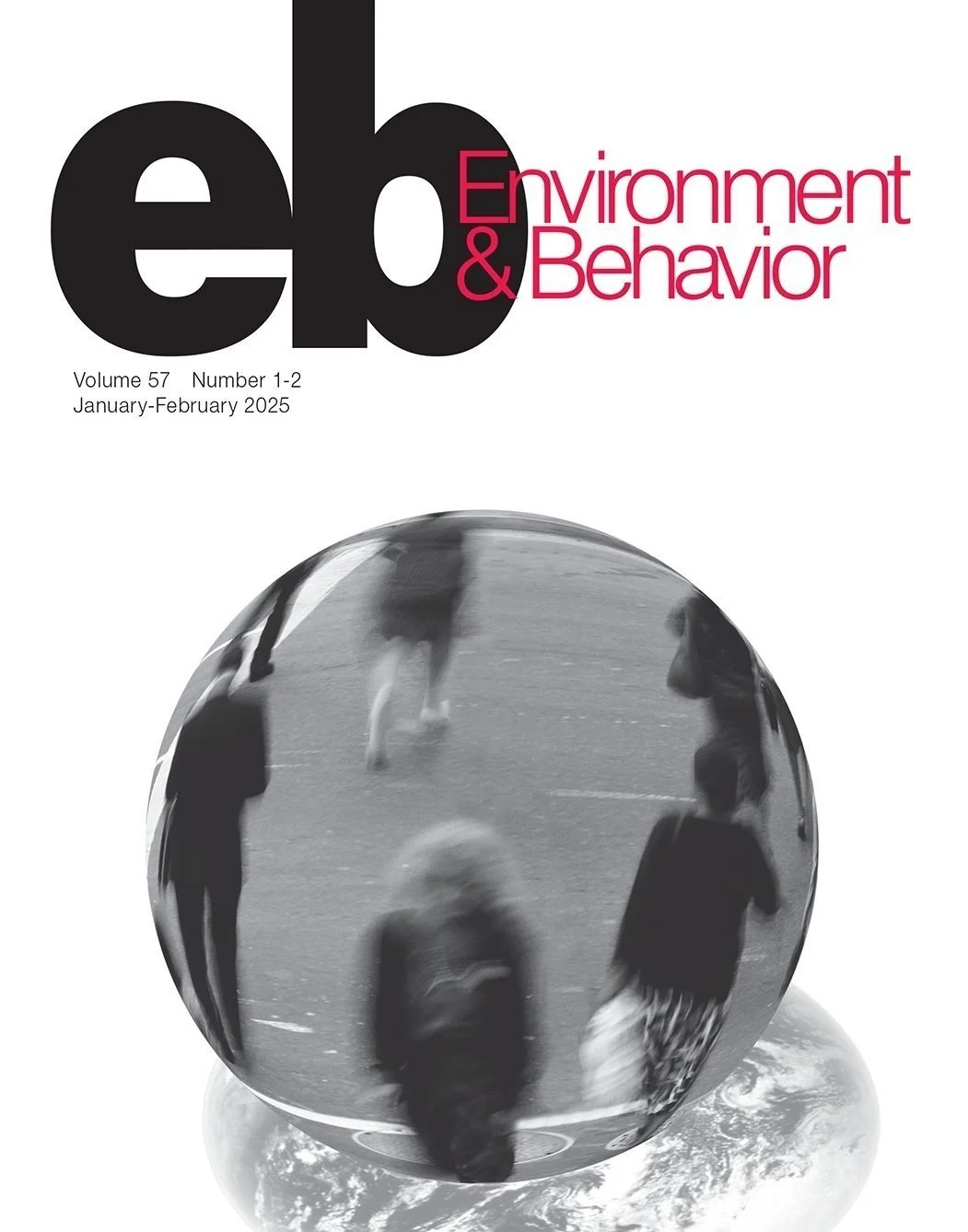 Cover of the journal 'Environmental Behavior', volume 57, number 1-2, January-February 2025, featuring a black-and-white photo of children playing on the street reflected in a shiny, spherical object.