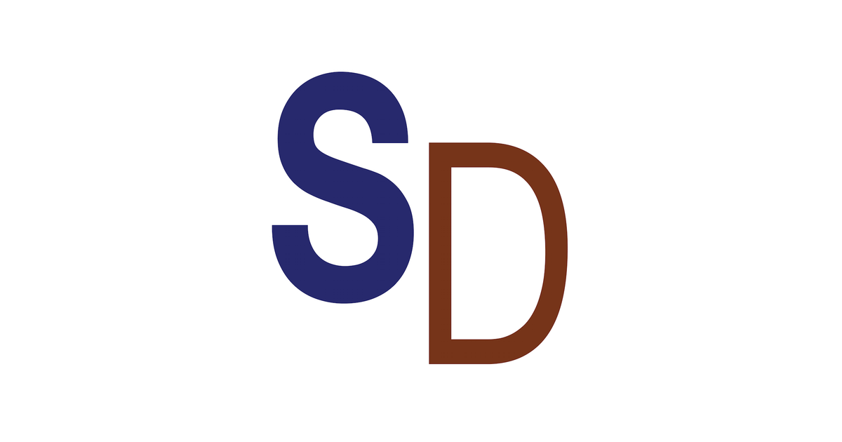 Blue letter S and brown letter D overlapping on a white background.