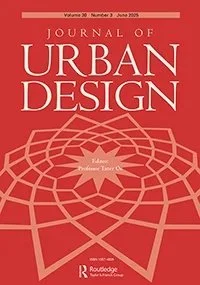 Cover of Journal of Urban Design magazine with a red background and a geometric city map pattern.