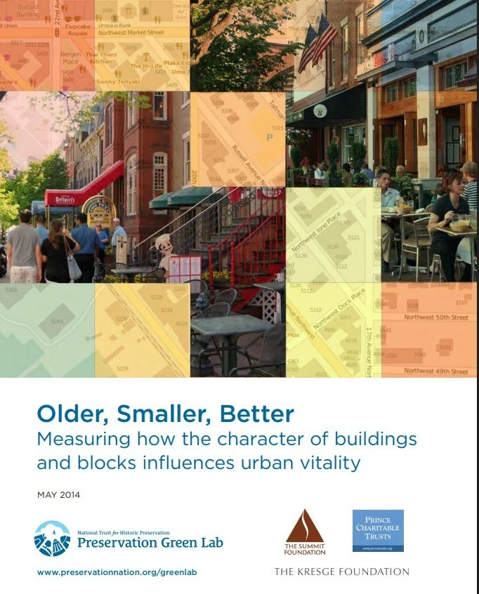 A colorful collage of urban scenes, including a street view of people dining outside, a historic red brick building, a map overlay, and a close-up of a building with an American flag, accompanied by a report cover titled 'Older, Smaller, Better' published in May 2014 by the Preservation Green Lab.