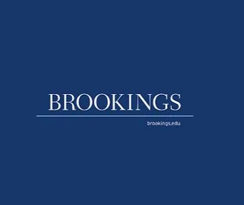 Blue background with white text that says 'BROOKINGS' and a website URL 'brookings.edu' underneath.