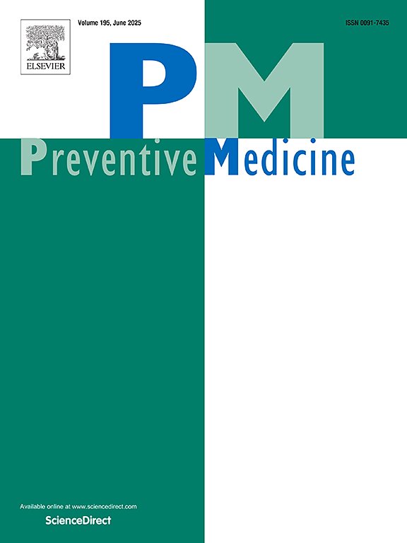 Cover of a scientific journal titled 'Preventive Medicine,' volume 195, June 2025, published by Elsevier. The cover features a design with large overlapping letters 'P', 'M', and an emphasis on the words 'Preventive Medicine' in blue and green text.