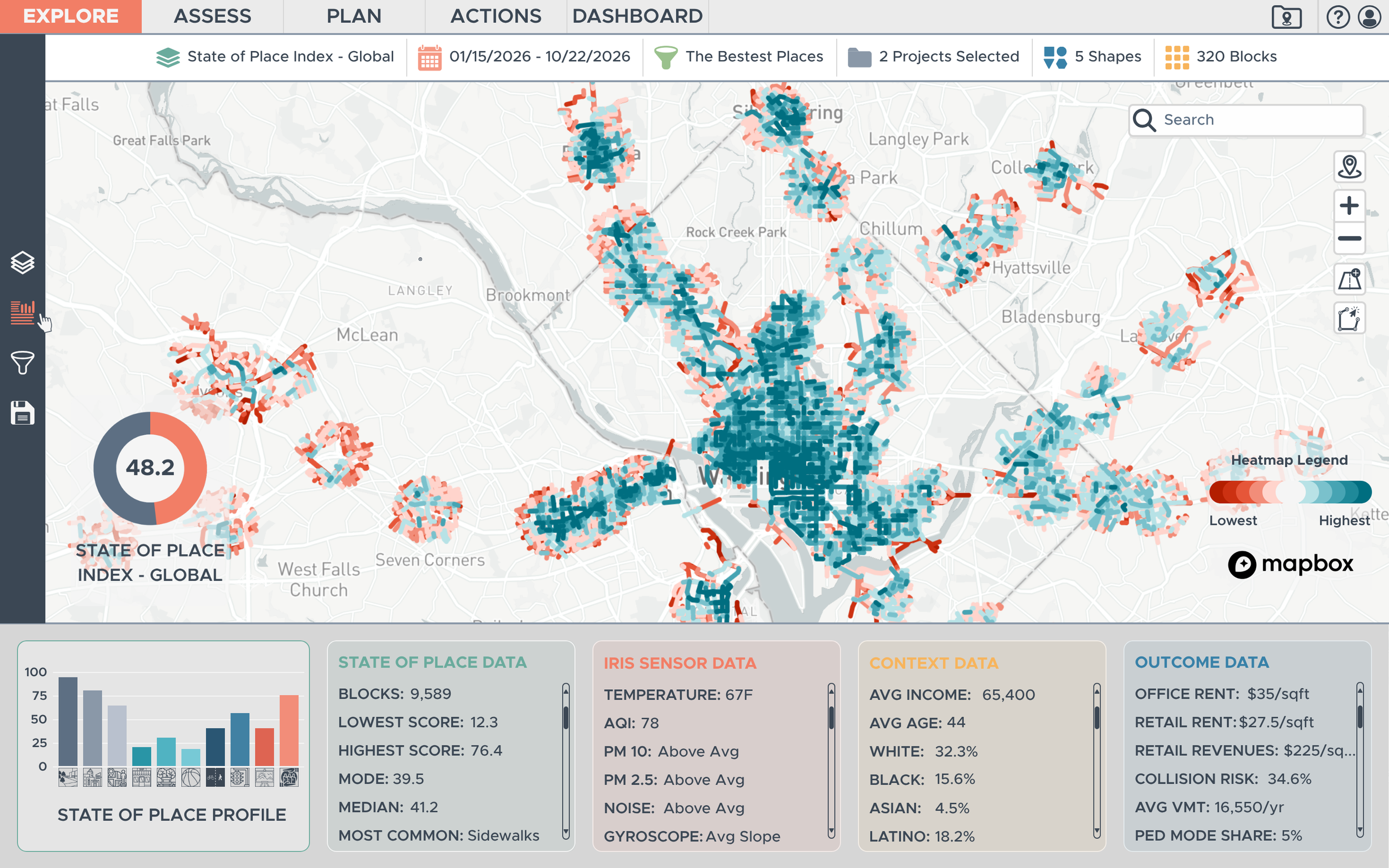 State of Place platform map and built environment analytics interface