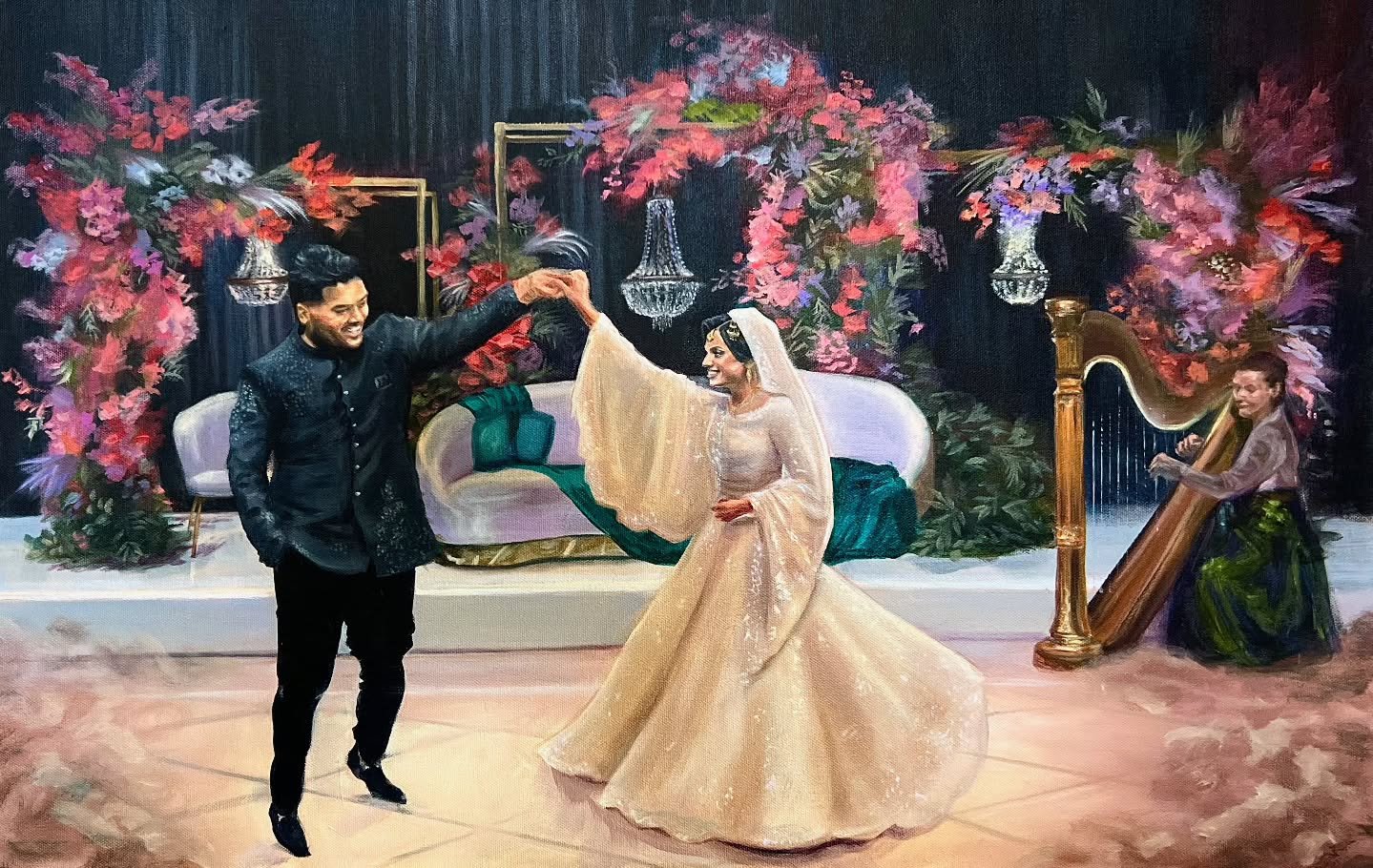 Many thanks to a LOVELY client!!!

She had hired a painter to do a live painting at her Indian wedding reception, and she specifically requested that my harp and I be included!!!!

It came out beautifully!!!!!!