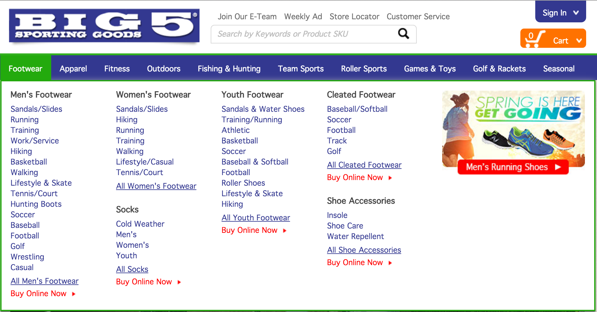 Current design of Big 5 Sporting Good's global and local navigation.