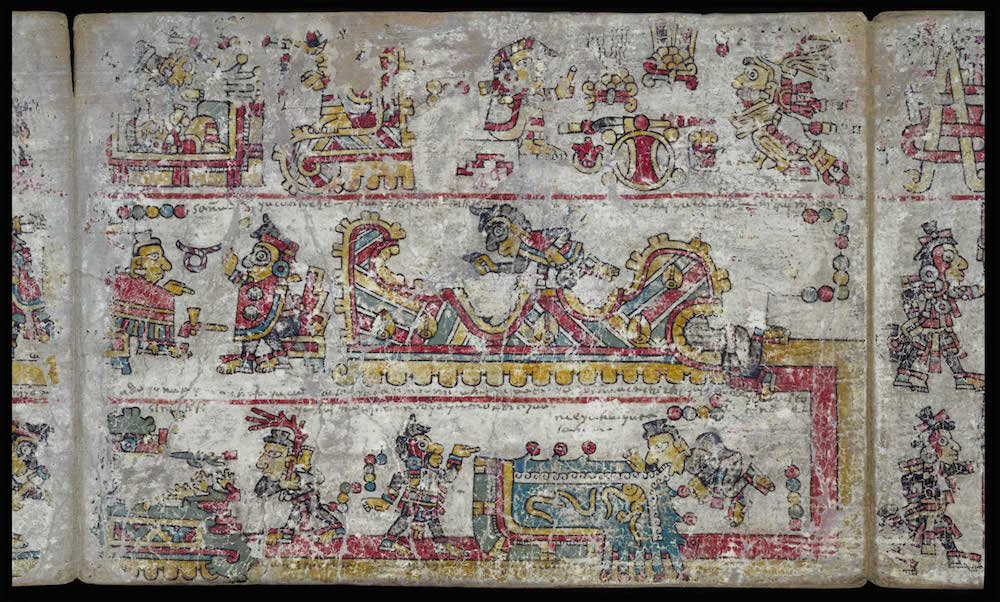 Section of the Codex Colombino , a pre-hispanic Mixtec Codex painted on skin that uses images to tell the story of a Mixtec ruler from the 11th century. 