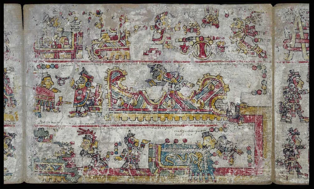 Section of the Codex Colombino , a pre-hispanic Mixtec Codex painted on skin that uses images to tell the story of a Mixtec ruler from the 11th century. 