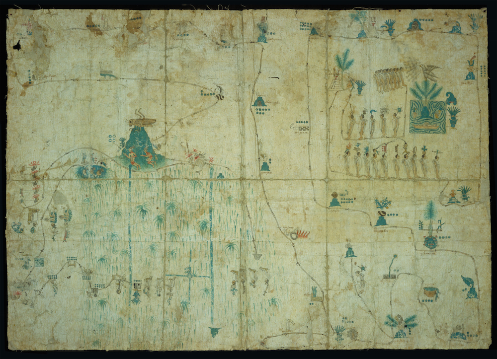 The Siguenza Map , shown above, functions as both map and history and contains glyphic representations of geographic landmarks, dates, and cities. It, like the Codex Boturini, narrates the foundational story of the Aztec empire, characterized by a
