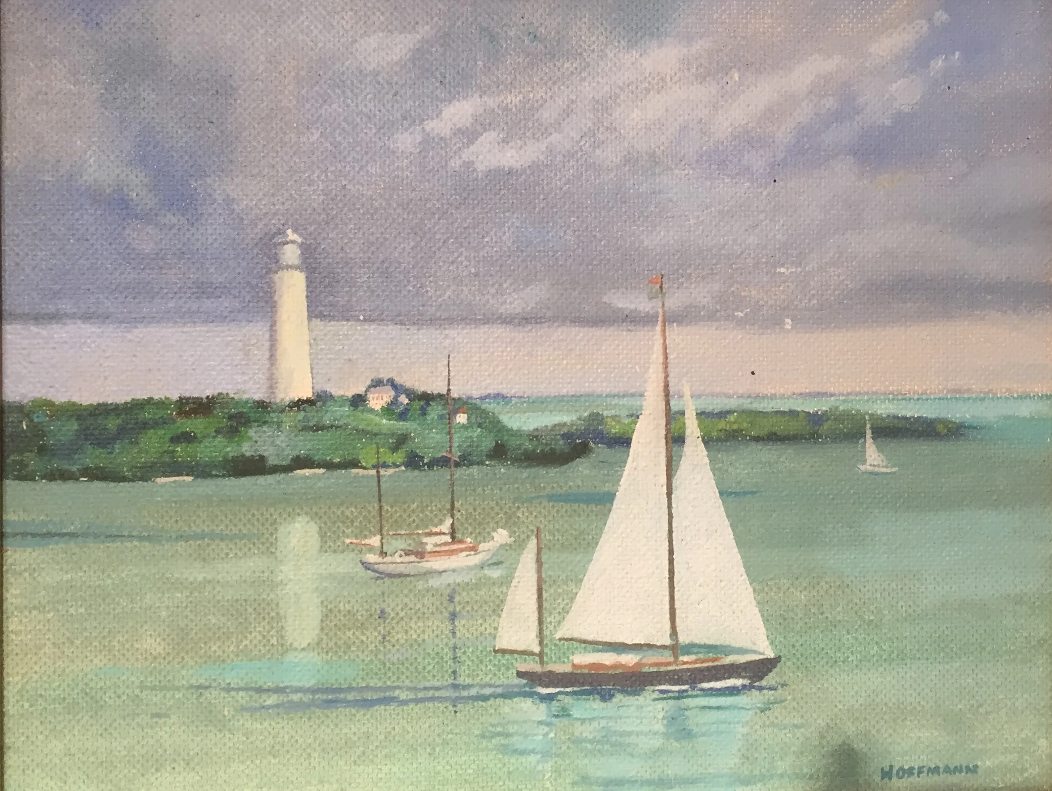 Lighthouse, Sailboats, 11 X 14, Oil on Board