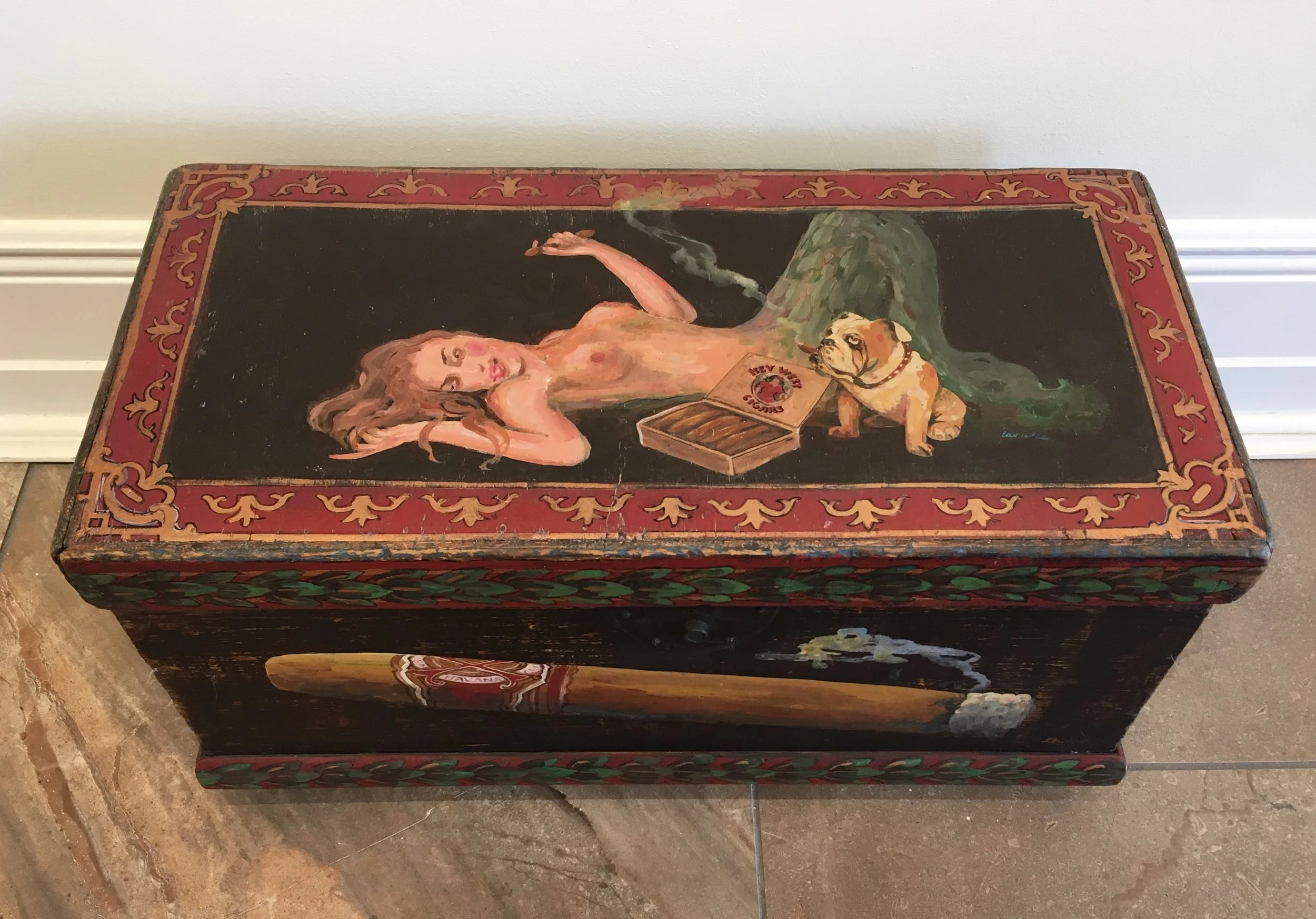 Linda's Rieke's "Humidor/Treasure Chest", 25 x 12 x 13, Acrylic On Antique Wooden Chest At The Gallery On Greene