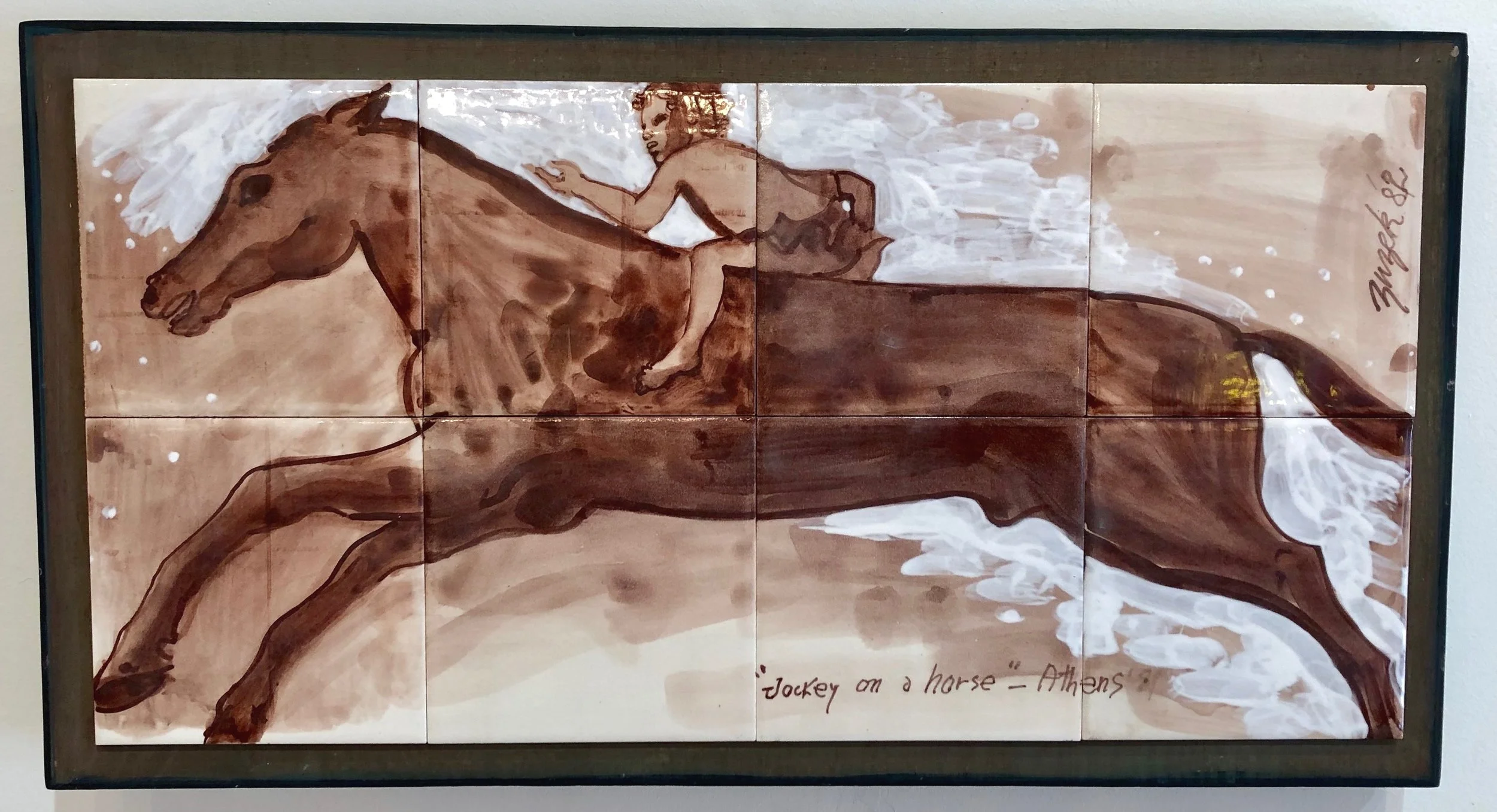 Suzie Zuzek de Poo  "Jockey On  A Horse", 12 x 24, 8 Porcelain Tiles on Wood 