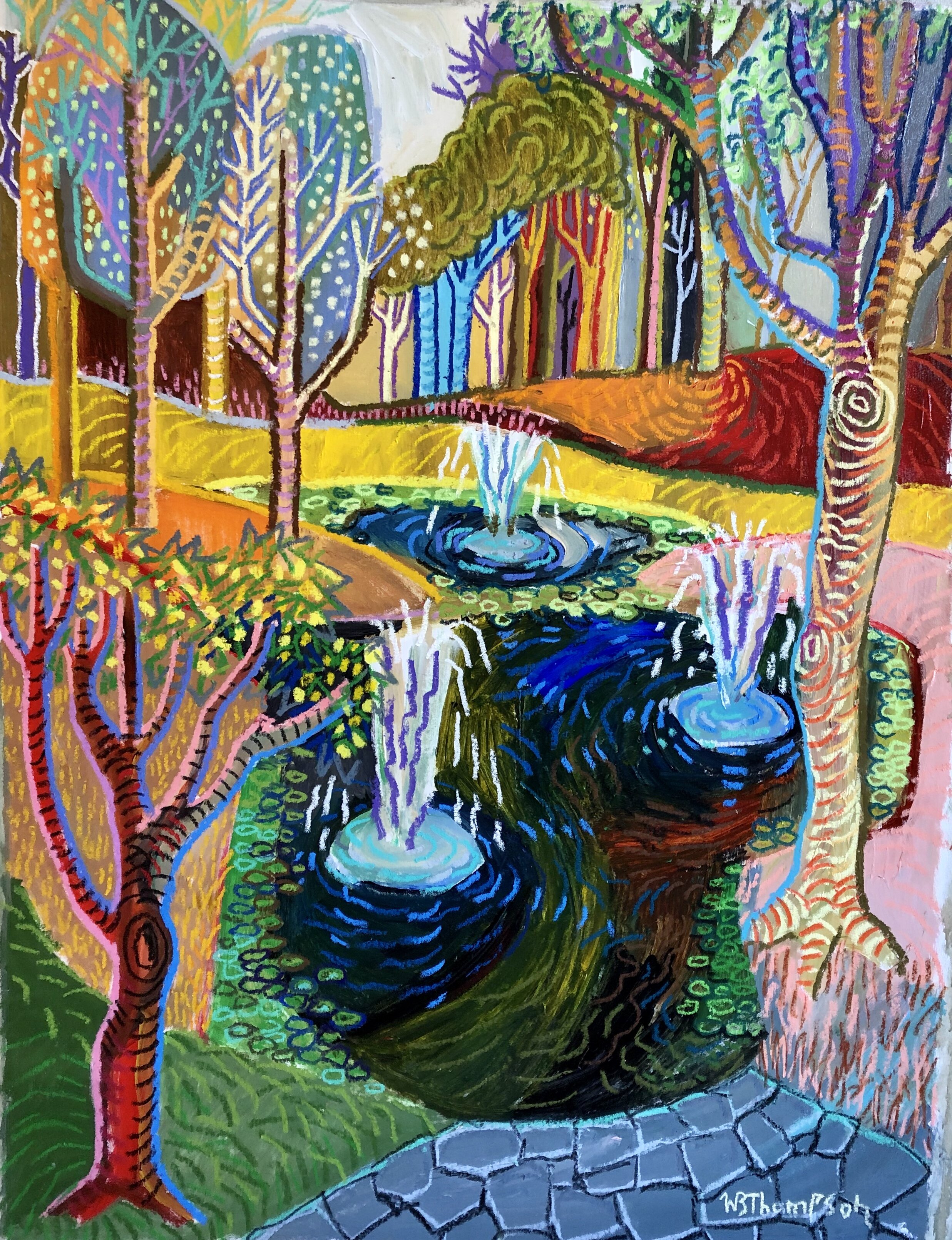 W.B. Thompson's "Manatee Lair With Three Fountains", 48 x 36, Acrylic and Oil Stick