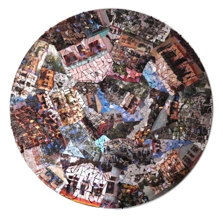 Mabel Poblet "Cityscape", 47 in dia., Mixed Media