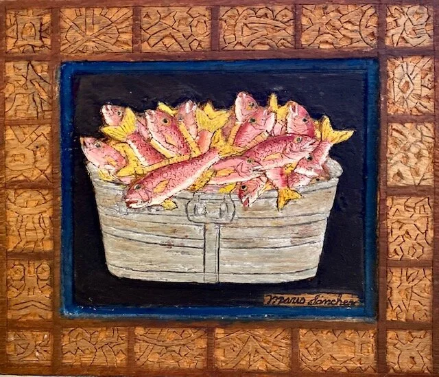 Mario Sanchez, Mario Fish Duo, 12 x 13.5/16.5 x 18.5, Intaglio/Bag