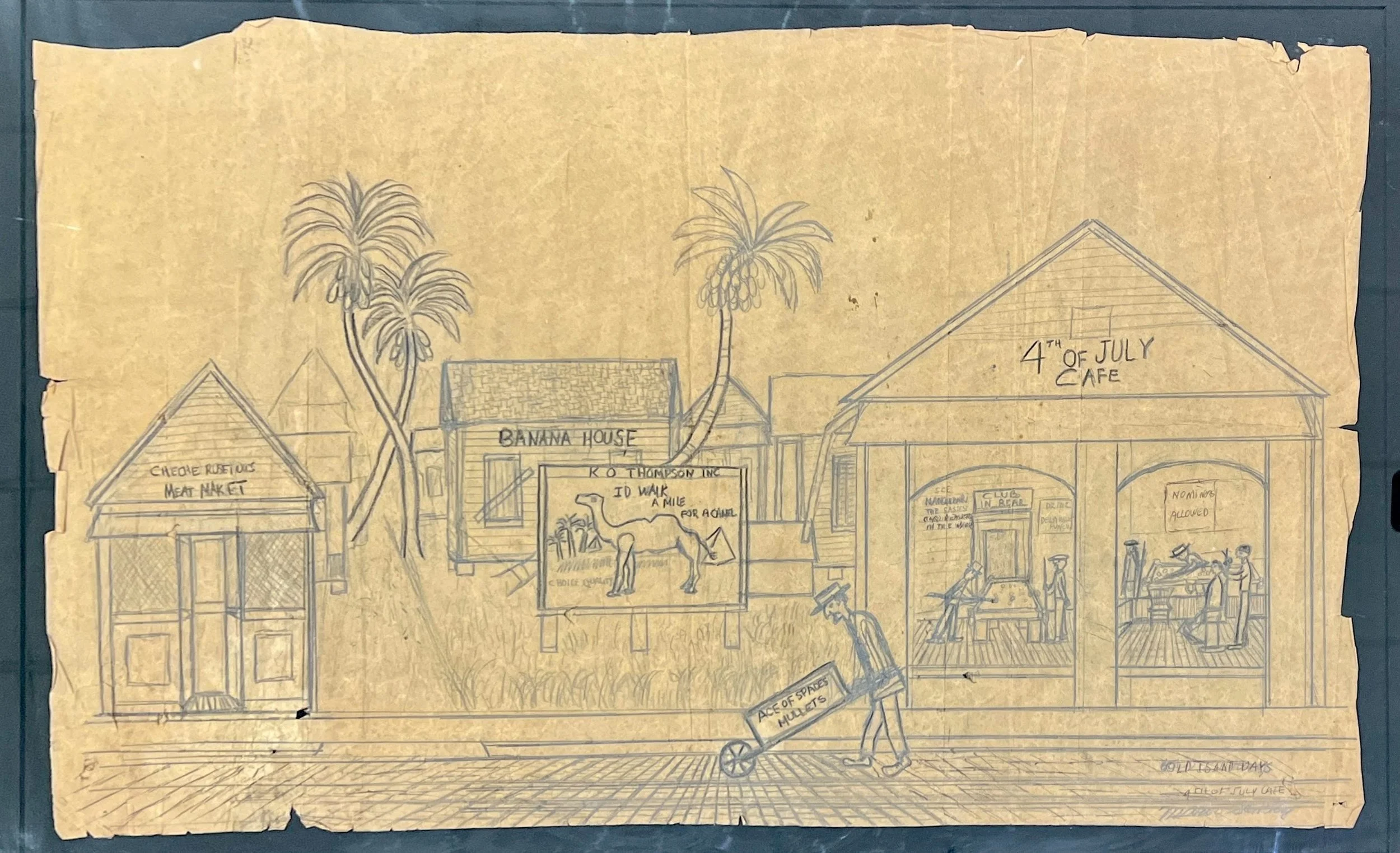 Mario Sanchez,  Old Island Days - 4th of July Cafe, 17 x 27, Graphite on Bag