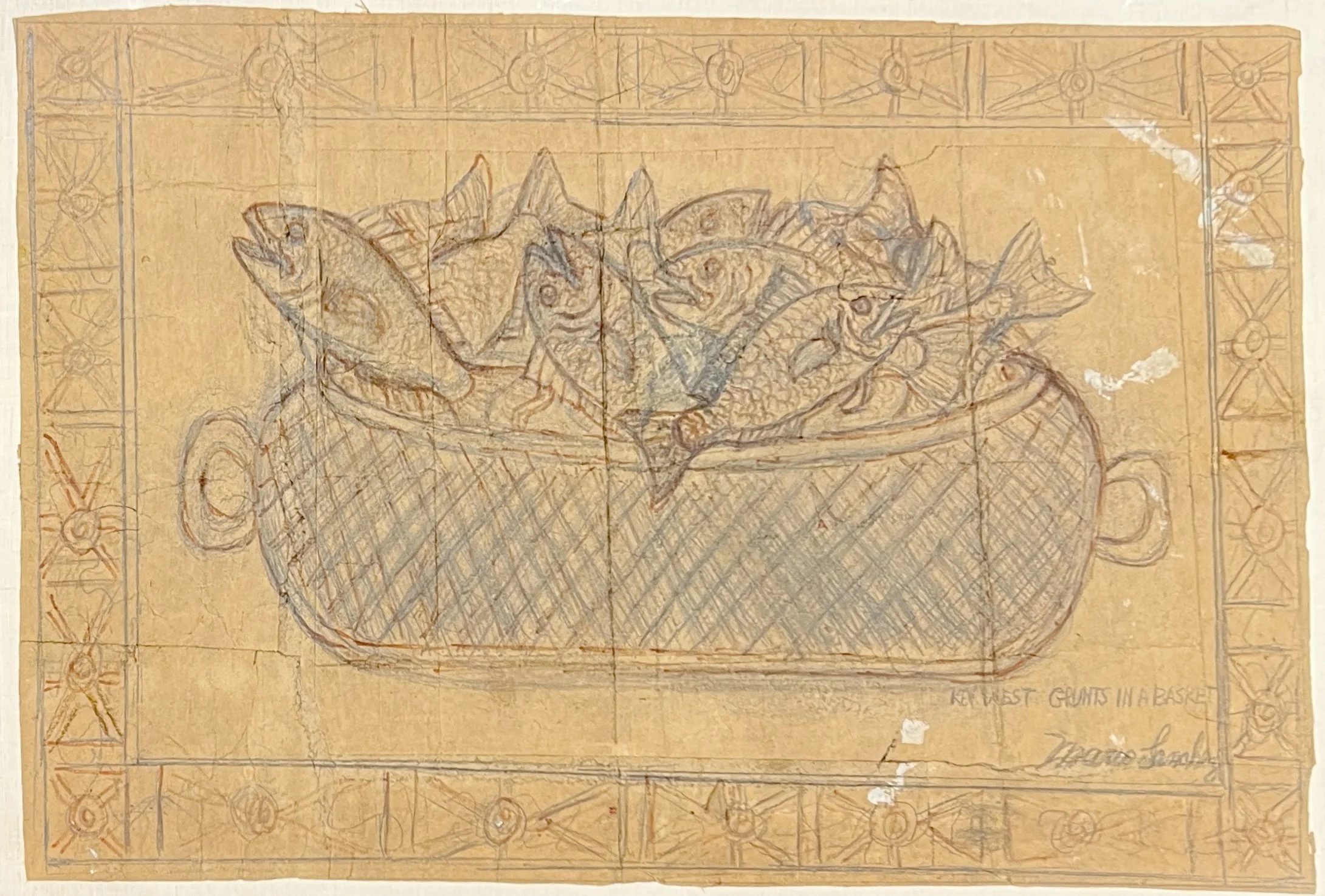 Mario Sanchez, Key West Grunts in a Basket, 17 x 26, Graphite and Ink on Bag