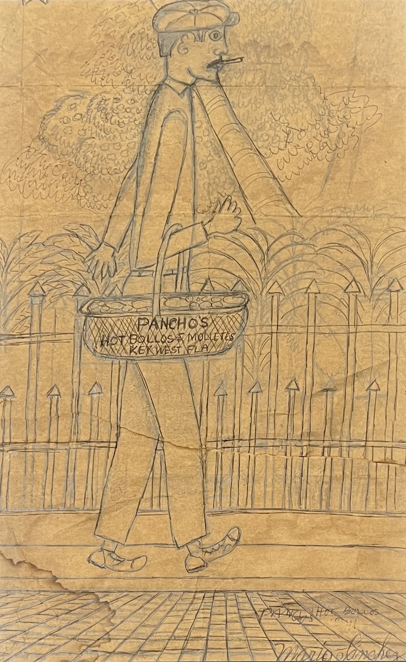 Mario Sanchez, Pancho's Bollos, 18 x 11, Graphite on Bag