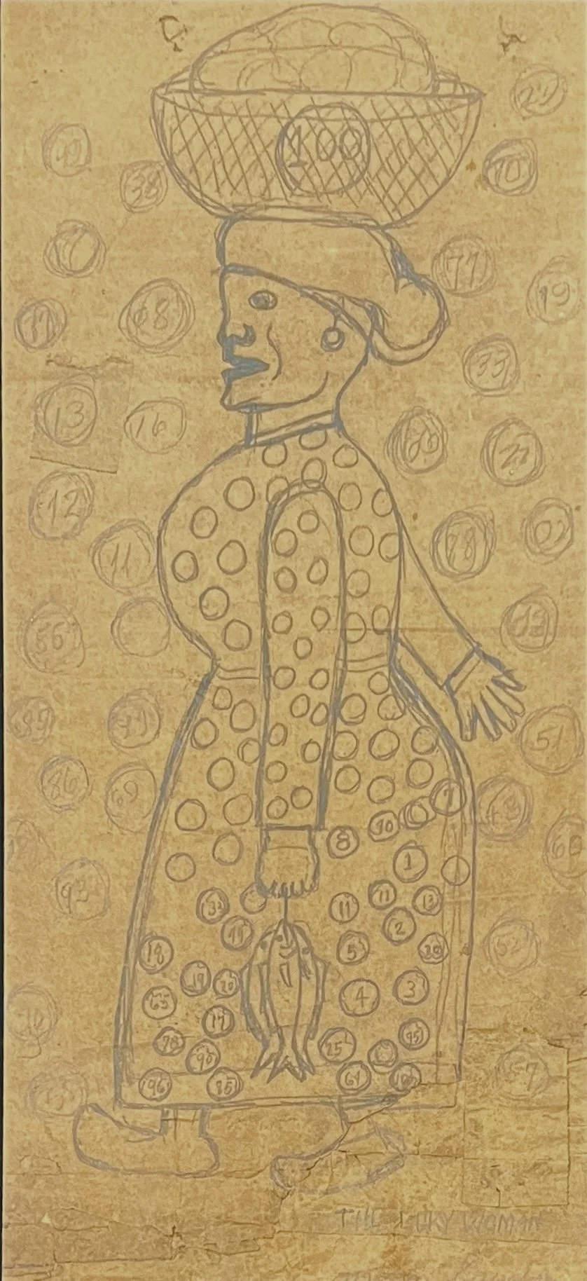 Mario Sanchez, The Luky Woman, 22 x 10, Graphite on Bag