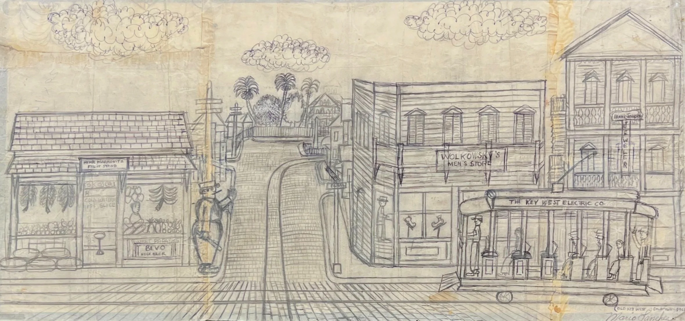 Mario Sanchez, Old Key West - Downtown 1918, 14 x 28, Graphite on Paper Bag